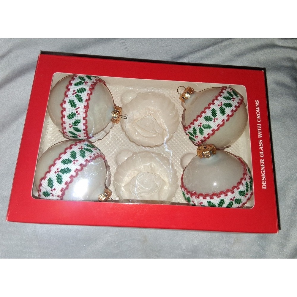 Vintage Holly Glass Christmas Ornaments Set of 4 Holly Ribbon Original Box